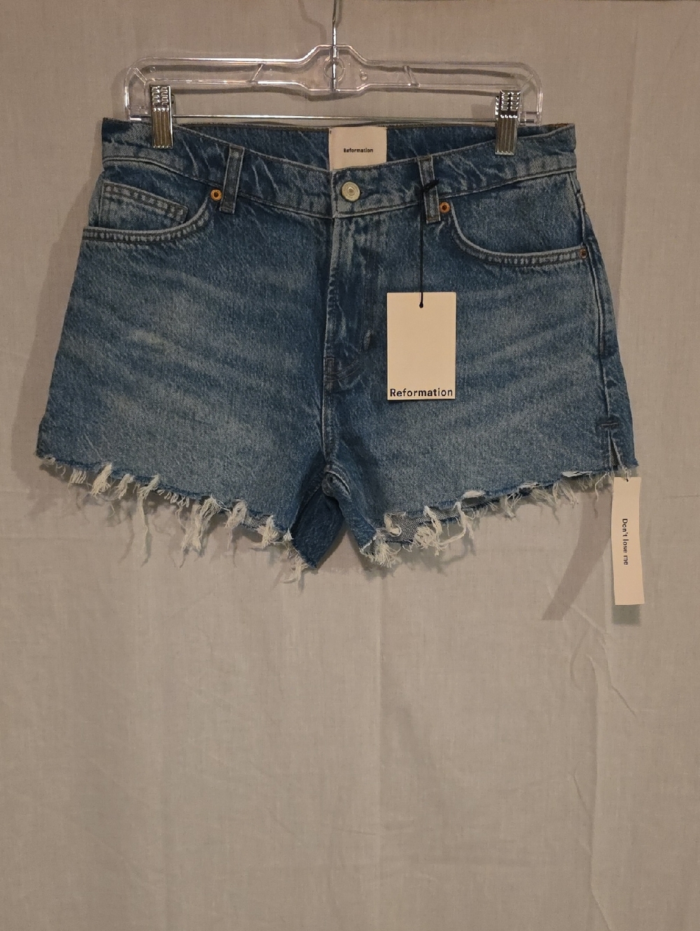 Reformation Light Blue Frayed-Hem Denim Shorts